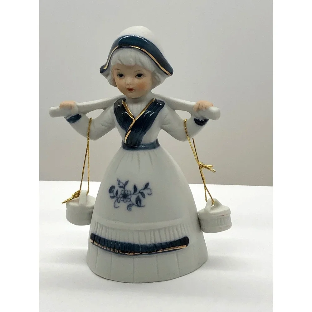 Vintage Dutch Girl Porcelain Bell Figurine Blue White Gold Gilt Water Carrier